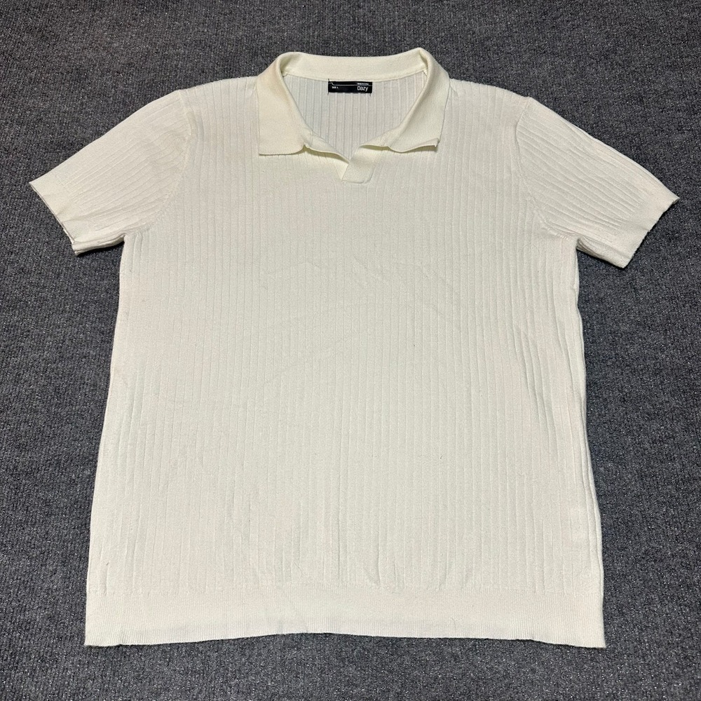 Mens Ribbed Knit Short Sleeve Polo Shirt Off White Size Large Summer Polo Dazy